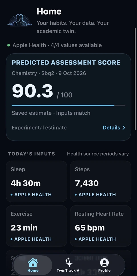 Current TwinTrack Home in dark appearance, with a saved experimental assessment estimate and Apple Health source summaries. Fictional demo data.